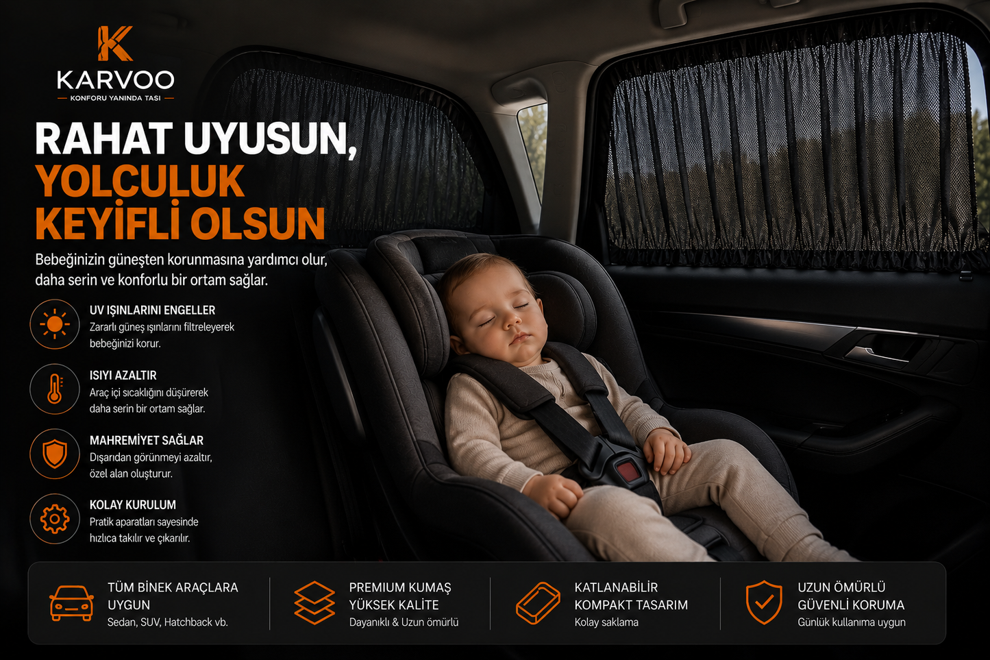Karvoo 360° Araç Güneş Koruma Seti | Ön Cam Şemsiyesi + Ön Yan Cam Perdeleri + Arka Yan Cam Perdeleri