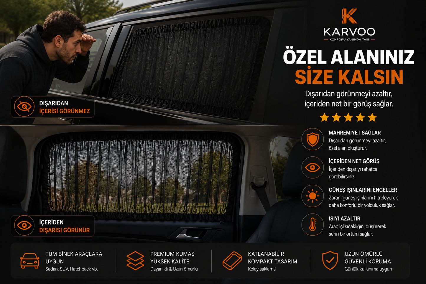 Karvoo 360° Araç Güneş Koruma Seti | Ön Cam Şemsiyesi + Ön Yan Cam Perdeleri + Arka Yan Cam Perdeleri