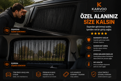 Karvoo 360° Araç Güneş Koruma Seti | Ön Cam Şemsiyesi + Ön Yan Cam Perdeleri + Arka Yan Cam Perdeleri