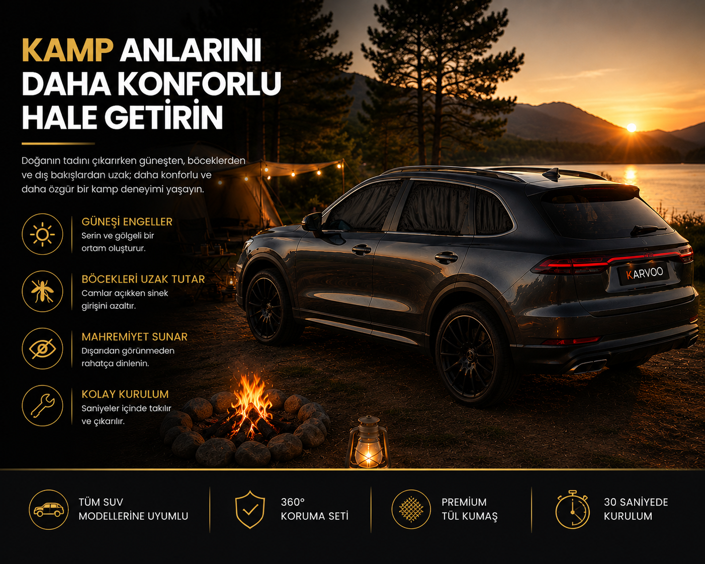 Karvoo 360° Araç Güneş Koruma Seti | Ön Cam Şemsiyesi + Ön Yan Cam Perdeleri + Arka Yan Cam Perdeleri