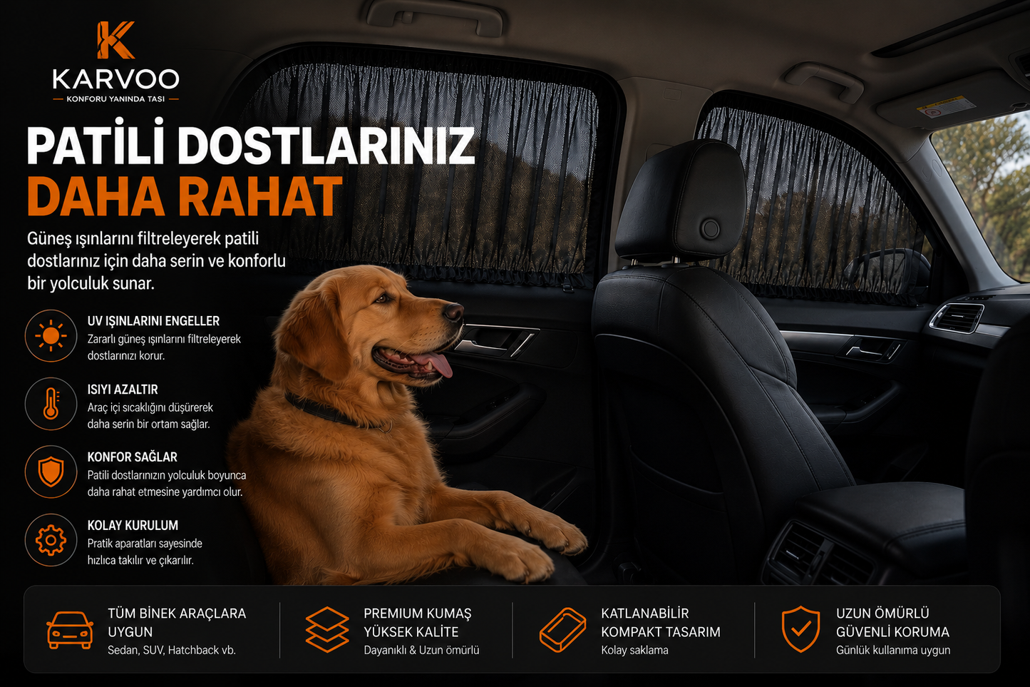 Karvoo 360° Araç Güneş Koruma Seti | Ön Cam Şemsiyesi + Ön Yan Cam Perdeleri + Arka Yan Cam Perdeleri