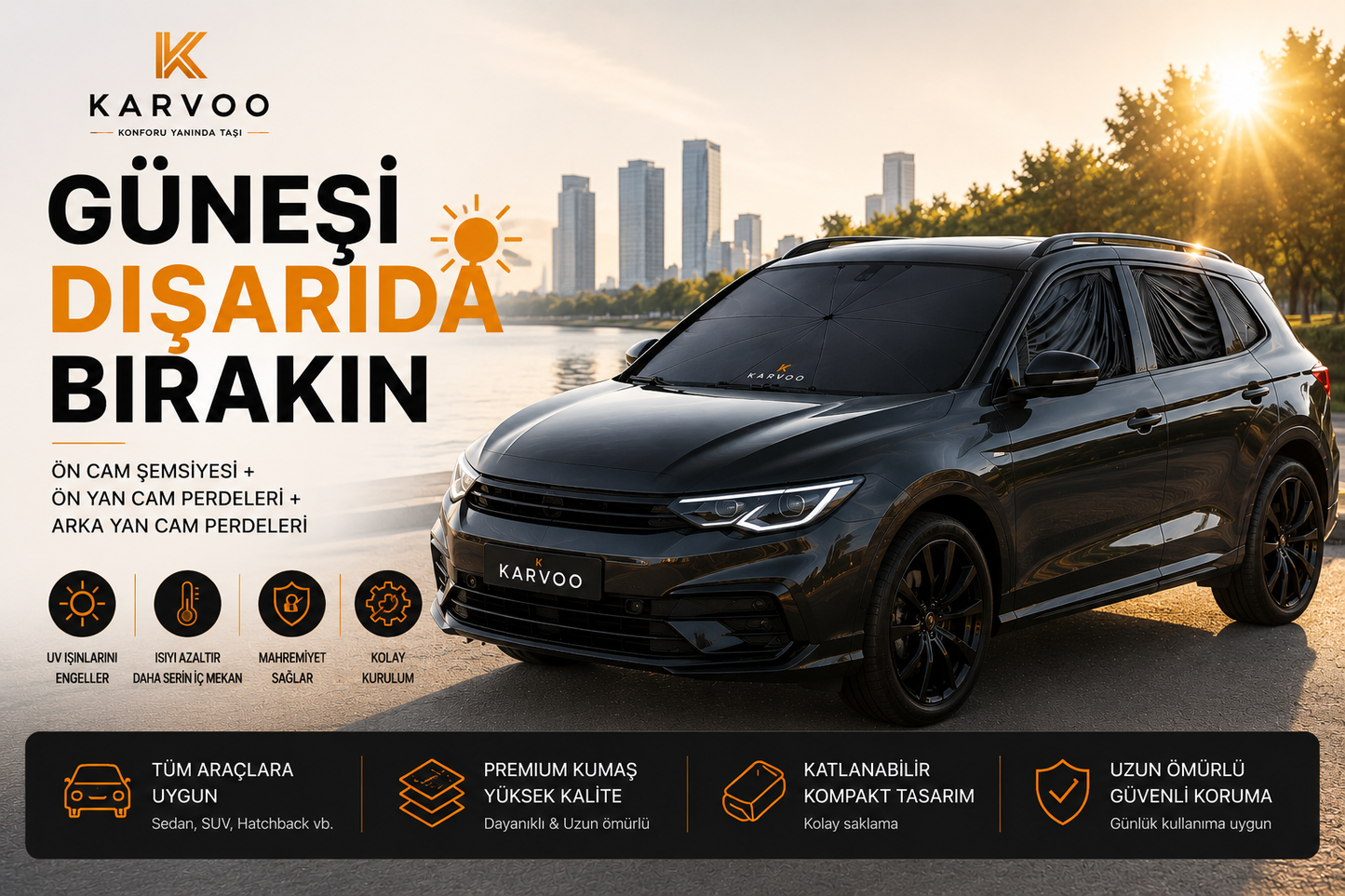 Karvoo 360° Araç Güneş Koruma Seti | Ön Cam Şemsiyesi + Ön Yan Cam Perdeleri + Arka Yan Cam Perdeleri