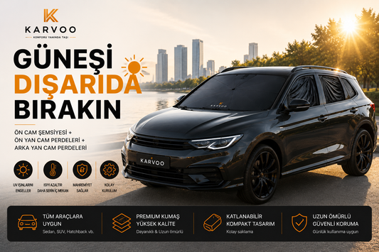 Karvoo 360° Araç Güneş Koruma Seti | Ön Cam Şemsiyesi + Ön Yan Cam Perdeleri + Arka Yan Cam Perdeleri