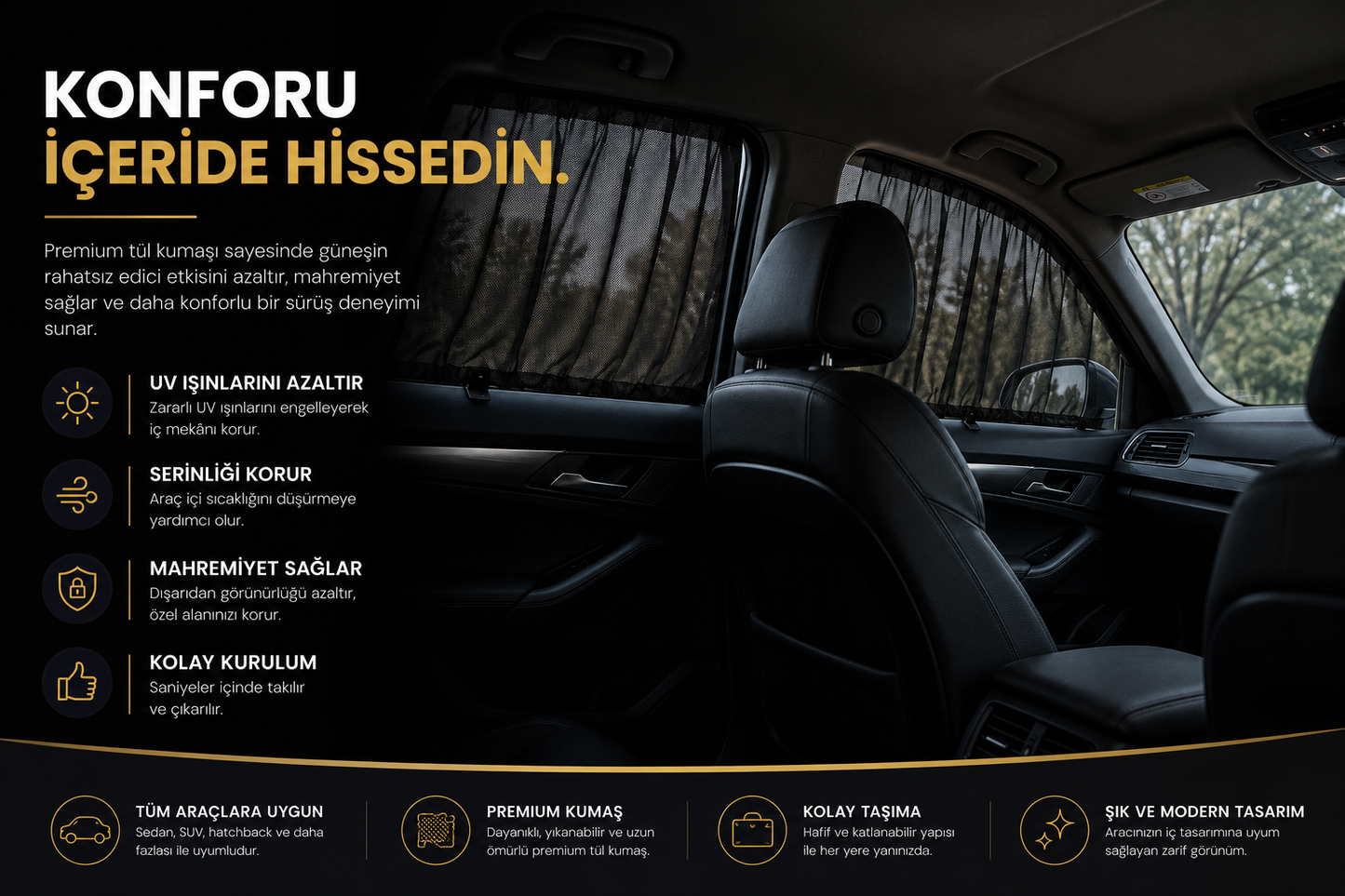 Karvoo 360° Araç Güneş Koruma Seti | Ön Cam Şemsiyesi + Ön Yan Cam Perdeleri + Arka Yan Cam Perdeleri