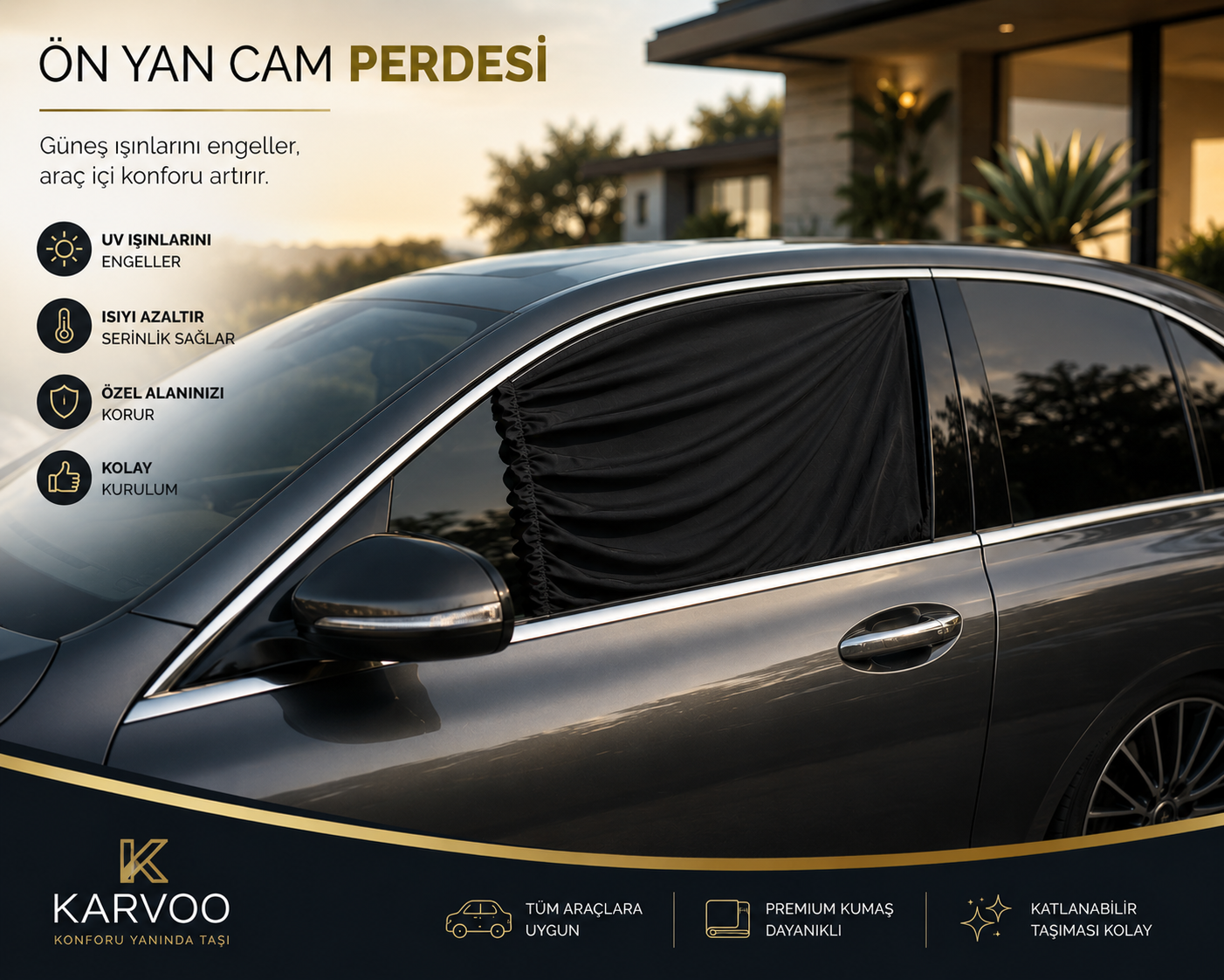 Karvoo 360° Araç Güneş Koruma Seti | Ön Cam Şemsiyesi + Ön Yan Cam Perdeleri + Arka Yan Cam Perdeleri